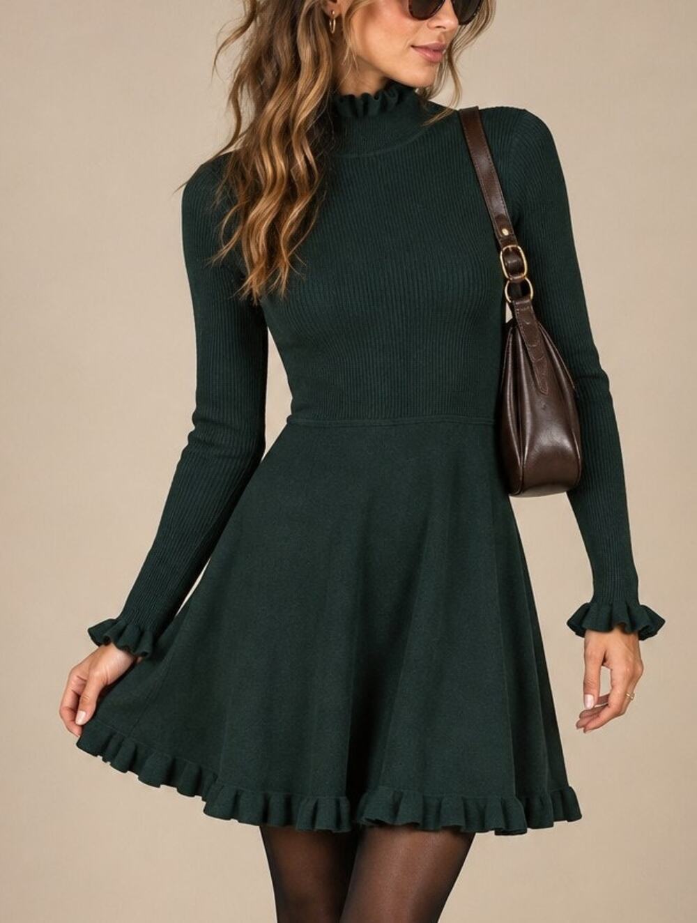 Eliza J Ruffle Mock Neck Ribbed Sweater Dress Womens L Green Romantic Academia